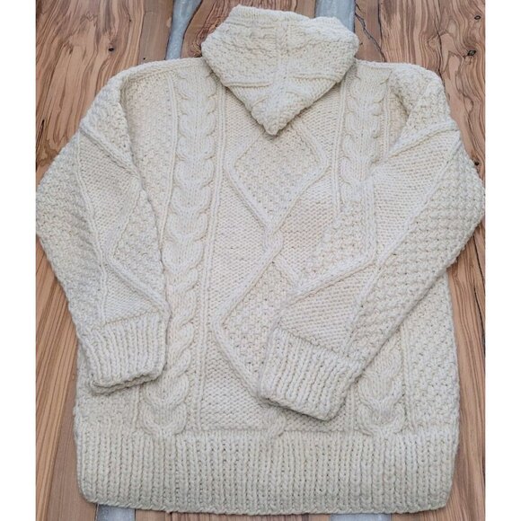 SISANDINA Wool Cardigan Sweater Chunky Cable Knit Hooded Zip Front Ivory Medium - Picture 10 of 10